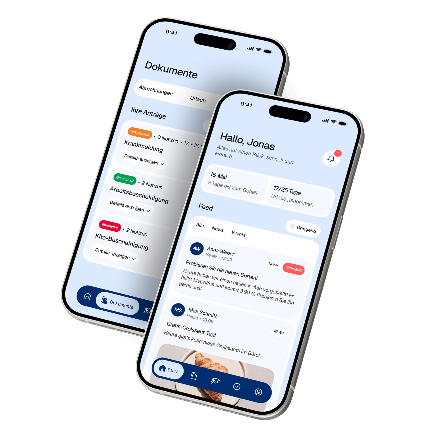 Startbildschirm der Nexos.hr App mit Countdown bis zum Zahltag, Resturlaub und einer Mitteilung, daneben die Dokumentenansicht mit Urlaubsanträgen