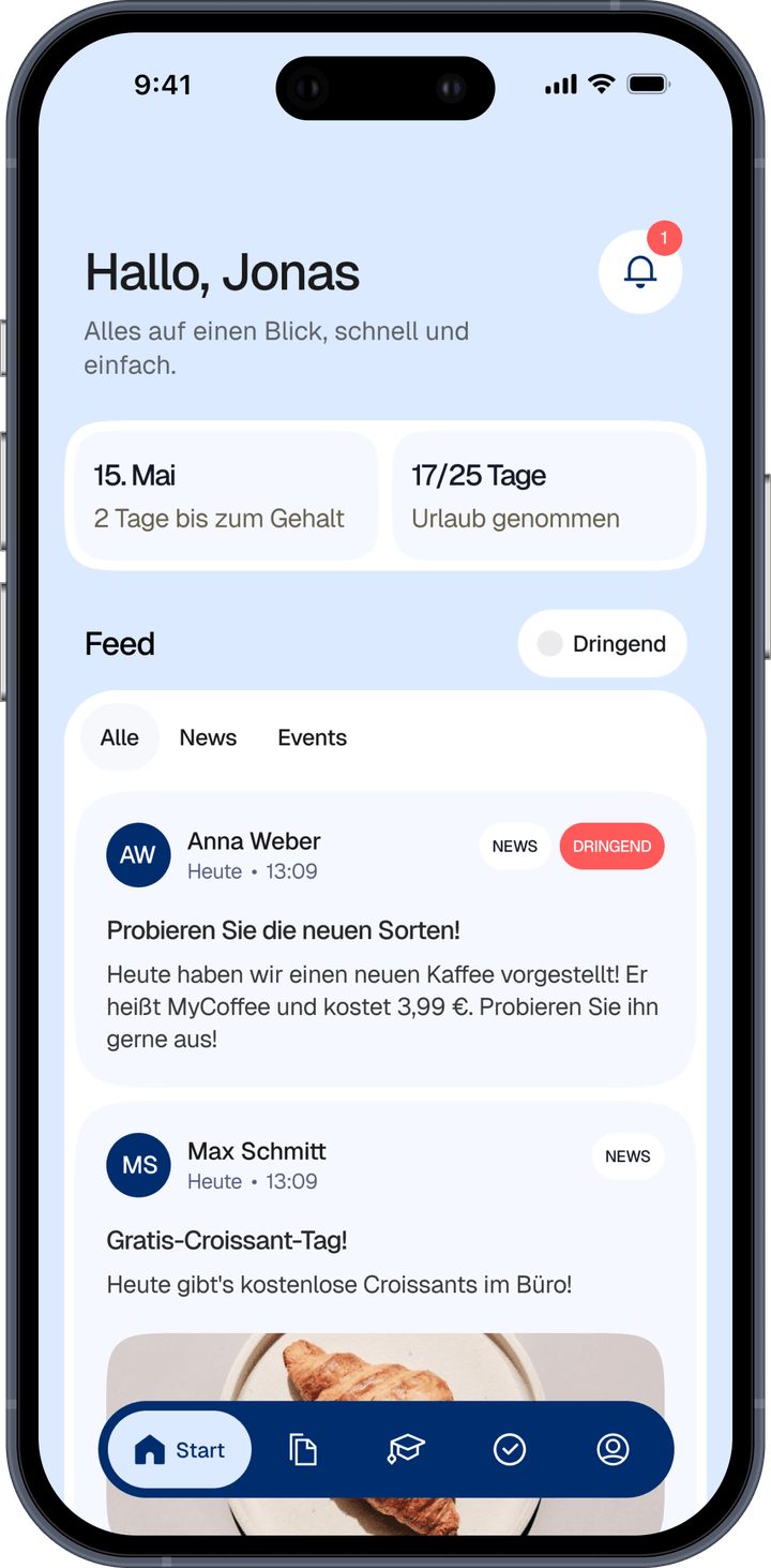 Startbildschirm mit Unternehmensnews, darunter eine dringende Mitteilung