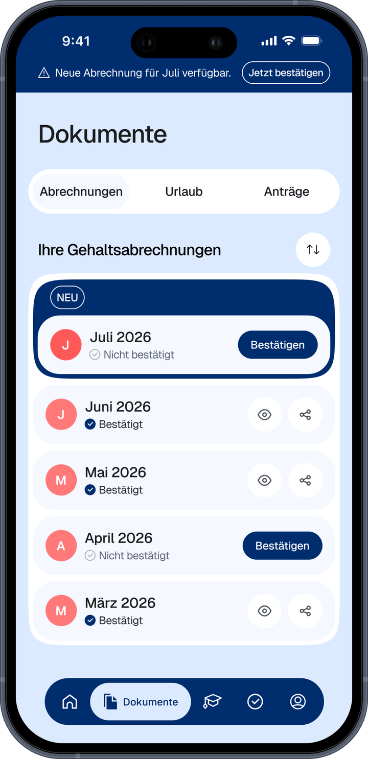 Abrechnungsansicht mit monatlichen Abrechnungen zum Bestätigen, Ansehen und Herunterladen