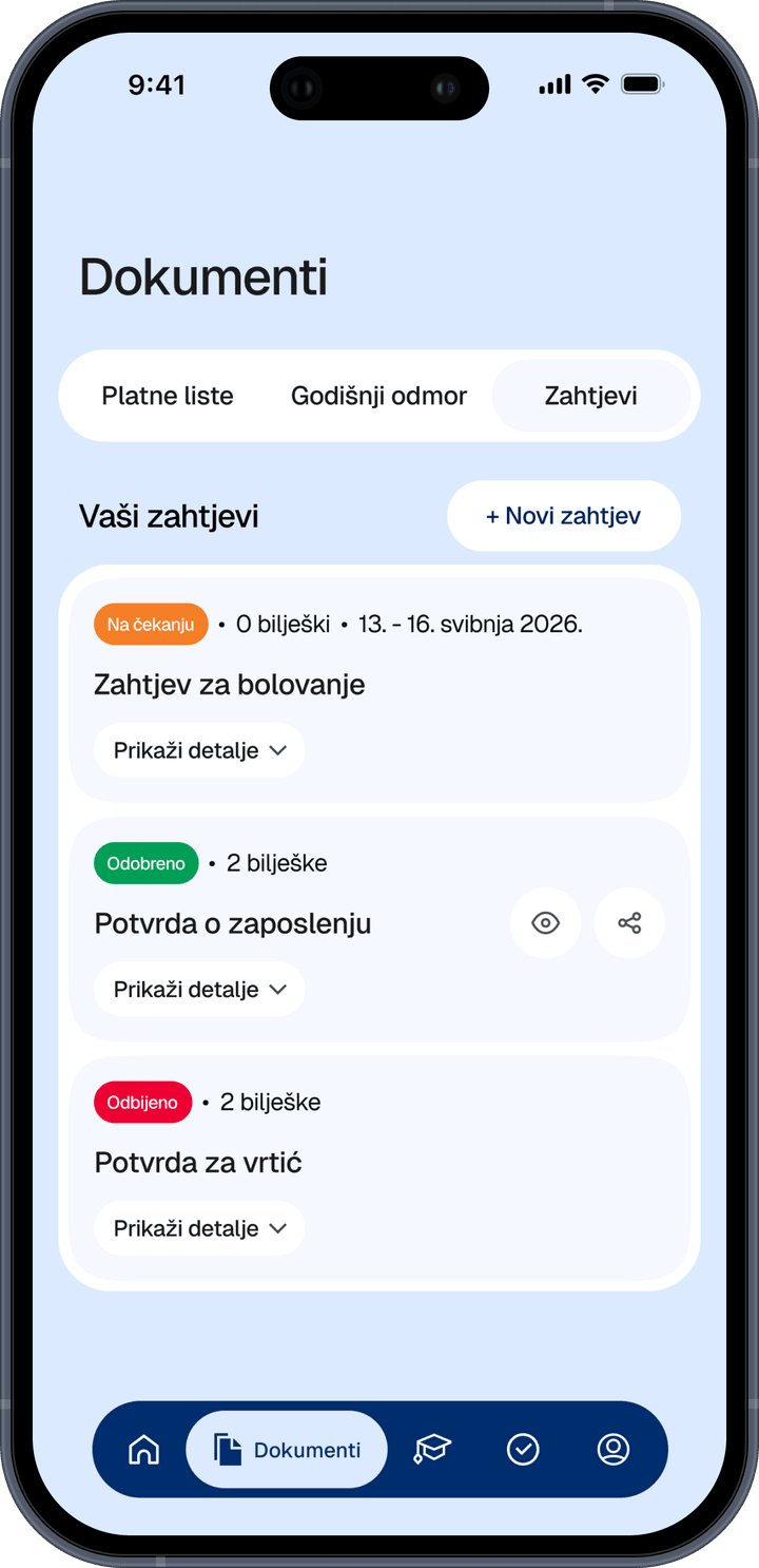 Zaslon zahtjeva s bolovanjem na čekanju te odobrenim i odbijenim zahtjevima