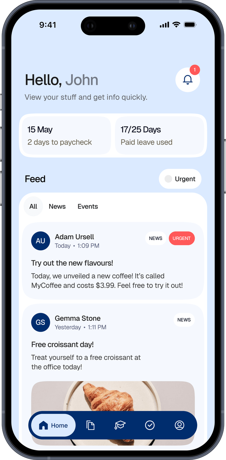 Home screen with a company news feed, including an urgent announcement