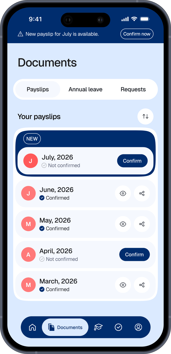 Payslips screen listing monthly payslips with confirm, view and download actions