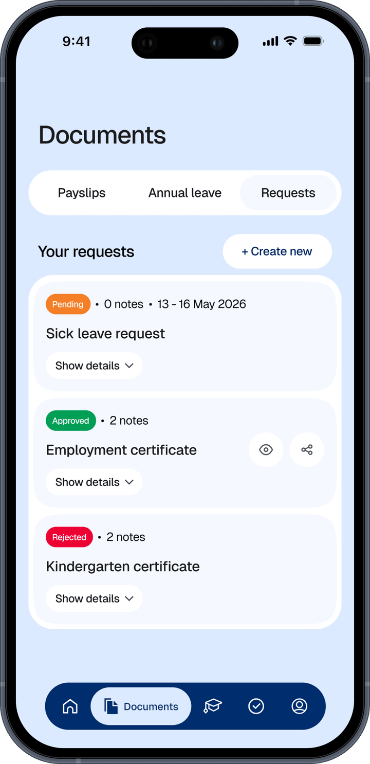Requests screen showing a pending sick leave request and approved and rejected requests