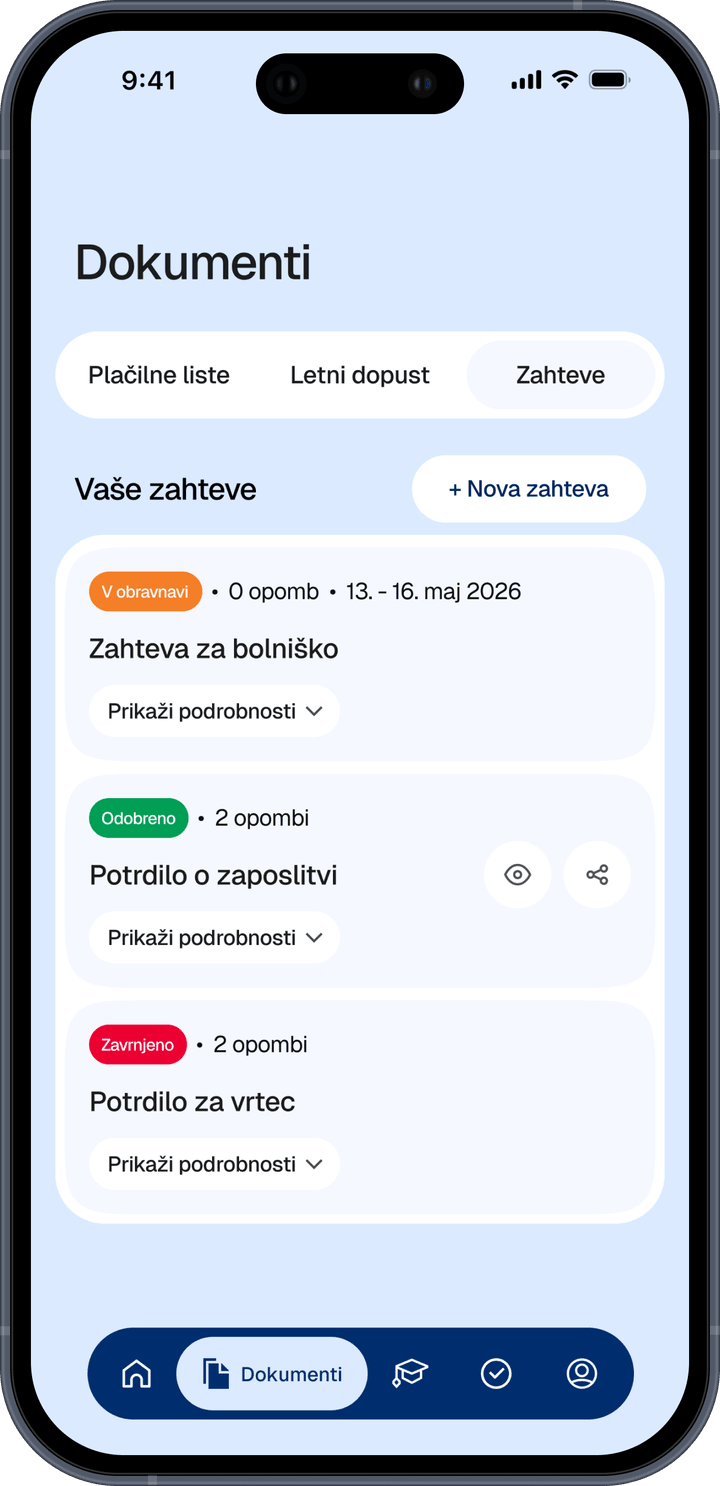 Zaslon prošenj z bolniško v obravnavi ter odobrenimi in zavrnjenimi prošnjami
